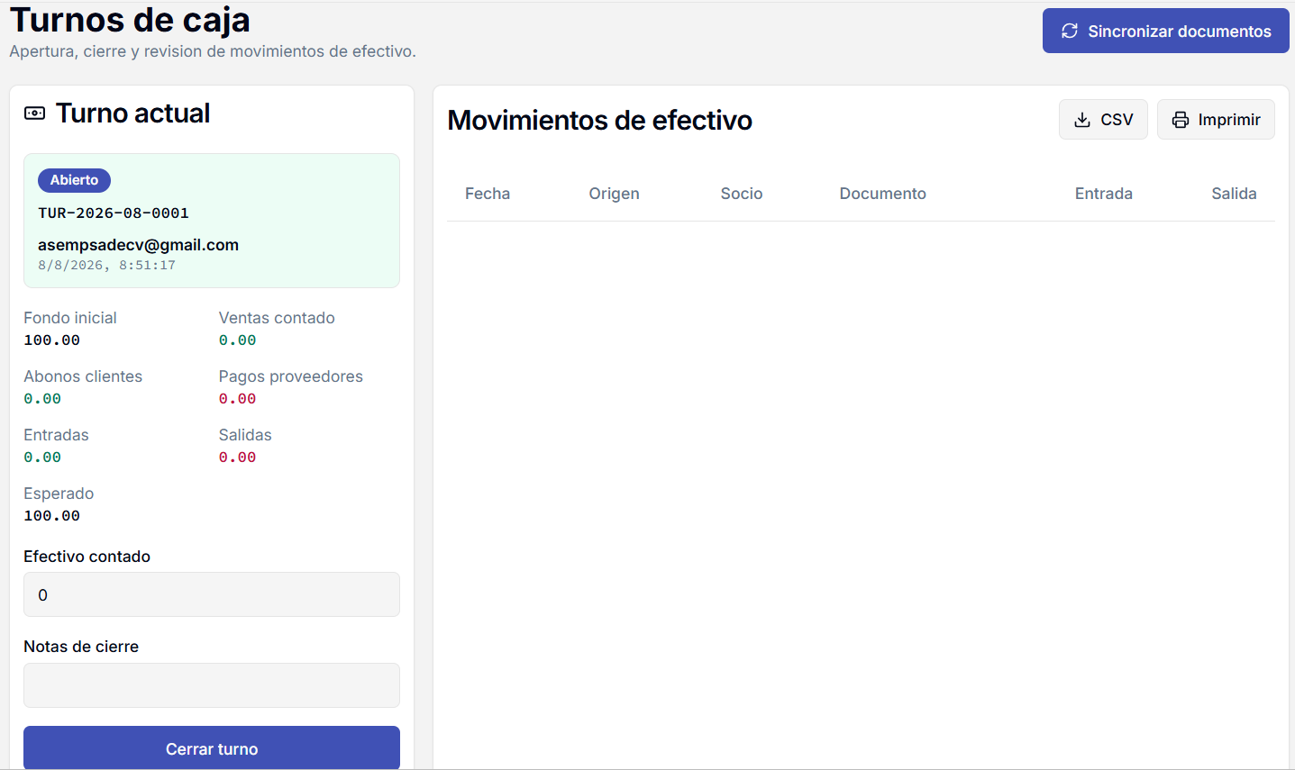 Control de turno en DALA ERP