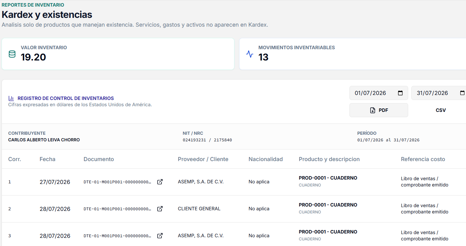 Kardex de inventario en DALA ERP